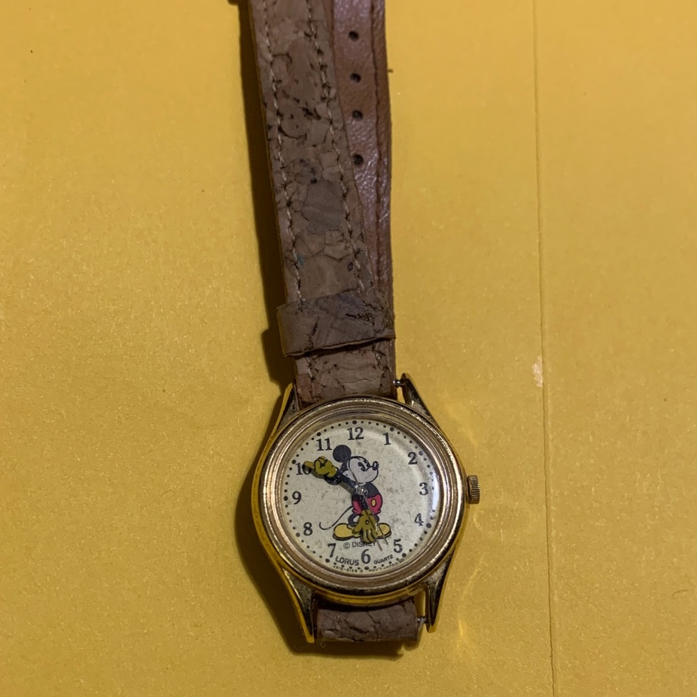 Vintage Lotus Mickey Mouse Gold Watch Full Body Dial with Brown Strap (Kids)